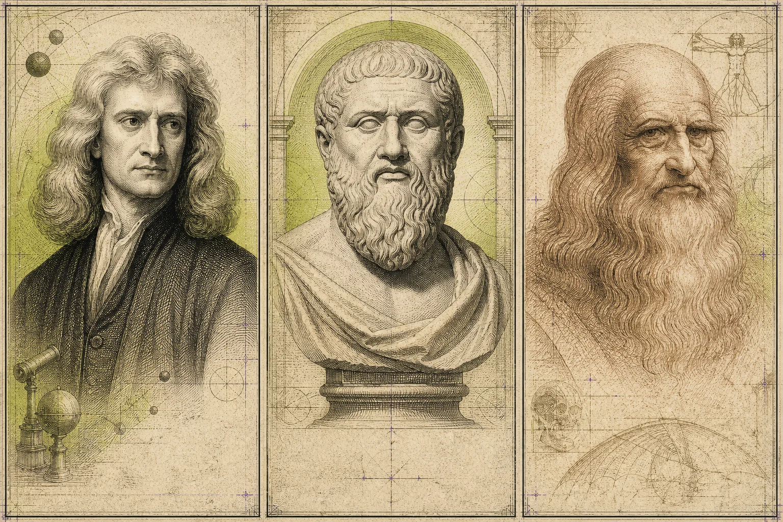Editorial engraved interpretations of Newton, Plato and Leonardo da Vinci